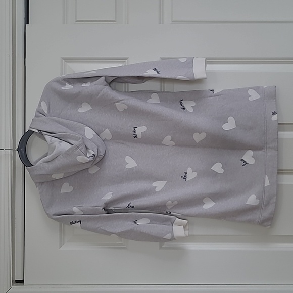 Old Navy Grey & White Heart Print Hooded Fleece Tunic Dress - Size L (10-12) - Picture 2 of 6